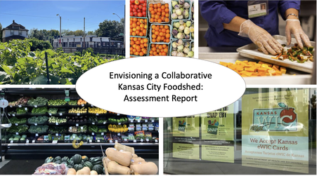 Report cover with images of gardens, produce and SNAP/WIc signs in a grocery window. Text reads Envisioning a Collaborative Kansas City Foodshed: Assessment Report