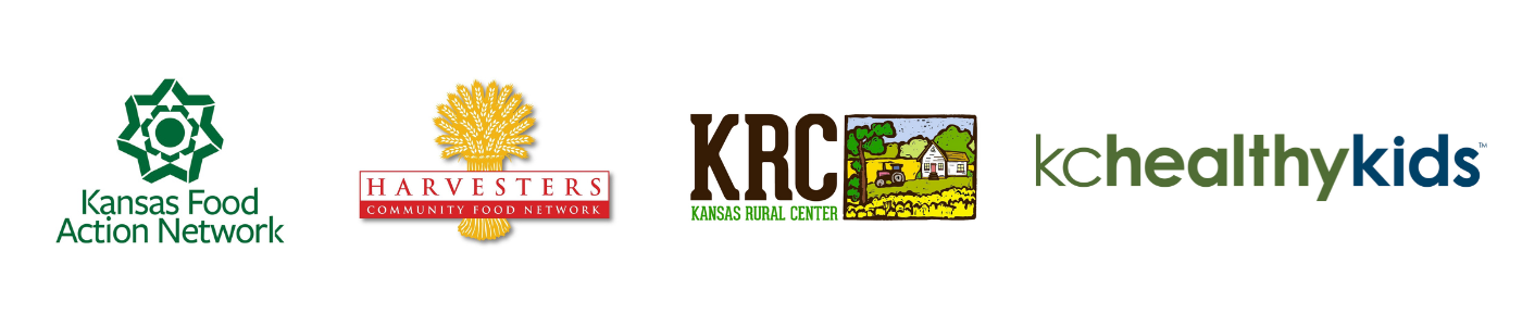 Logos for Kansas Food Action Network, Harvesters Community Food Network, Kansas Rural Center and KC Healthy Kids